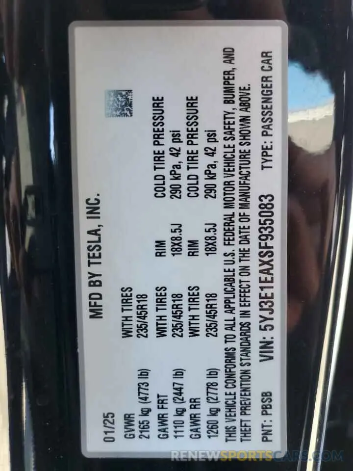 12 Фотография поврежденного автомобиля 5YJ3E1EAXSF935083 TESLA MODEL 3 2025