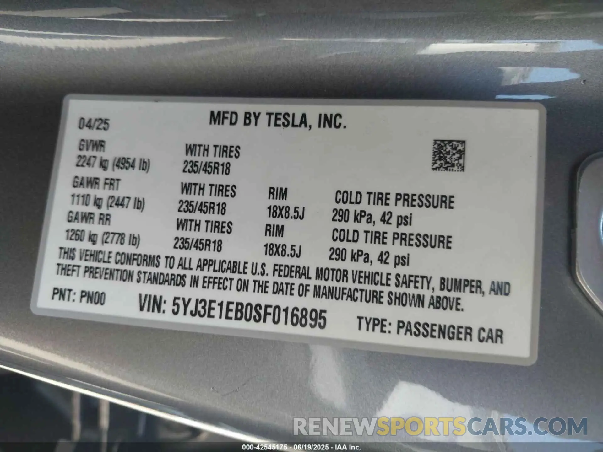 9 Фотография поврежденного автомобиля 5YJ3E1EB0SF016895 TESLA MODEL 3 2025