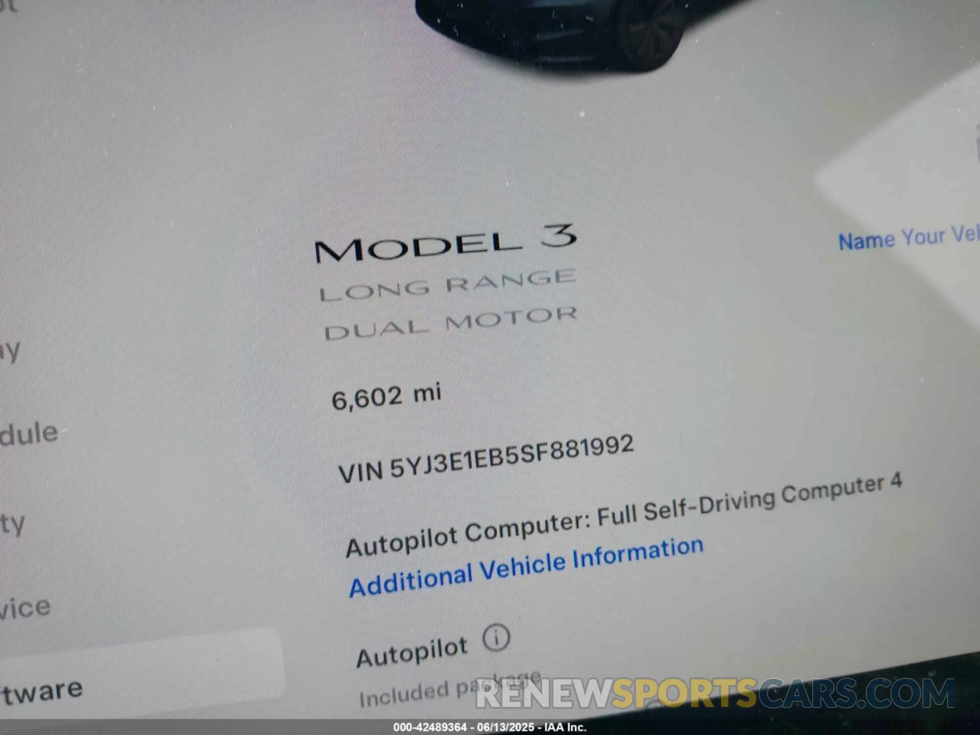 15 Фотография поврежденного автомобиля 5YJ3E1EB5SF881992 TESLA MODEL 3 2025