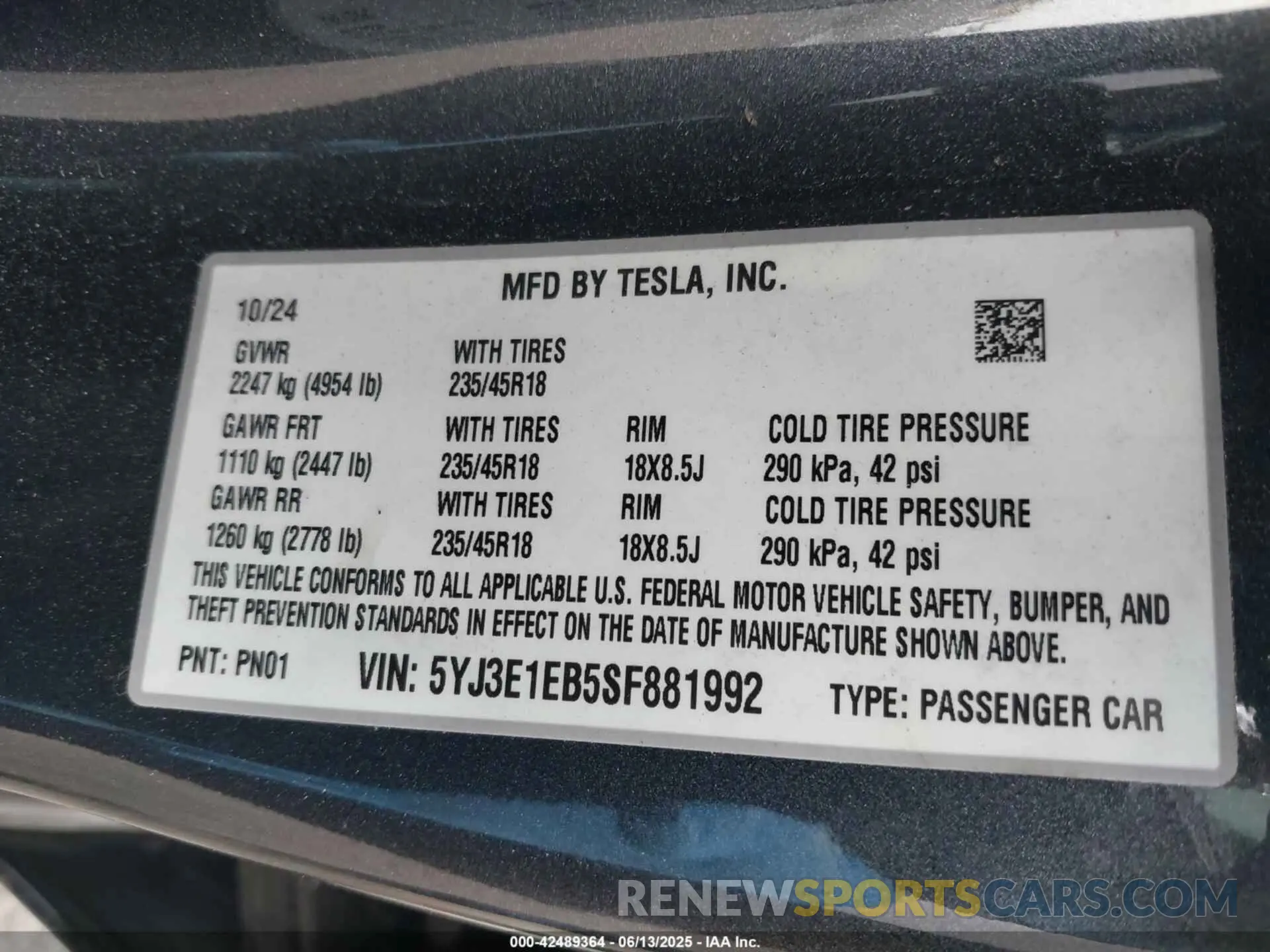 9 Фотография поврежденного автомобиля 5YJ3E1EB5SF881992 TESLA MODEL 3 2025