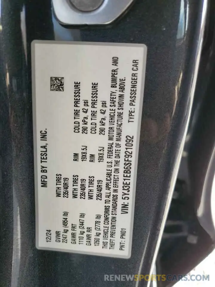 12 Фотография поврежденного автомобиля 5YJ3E1EB6SF921092 TESLA MODEL 3 2025