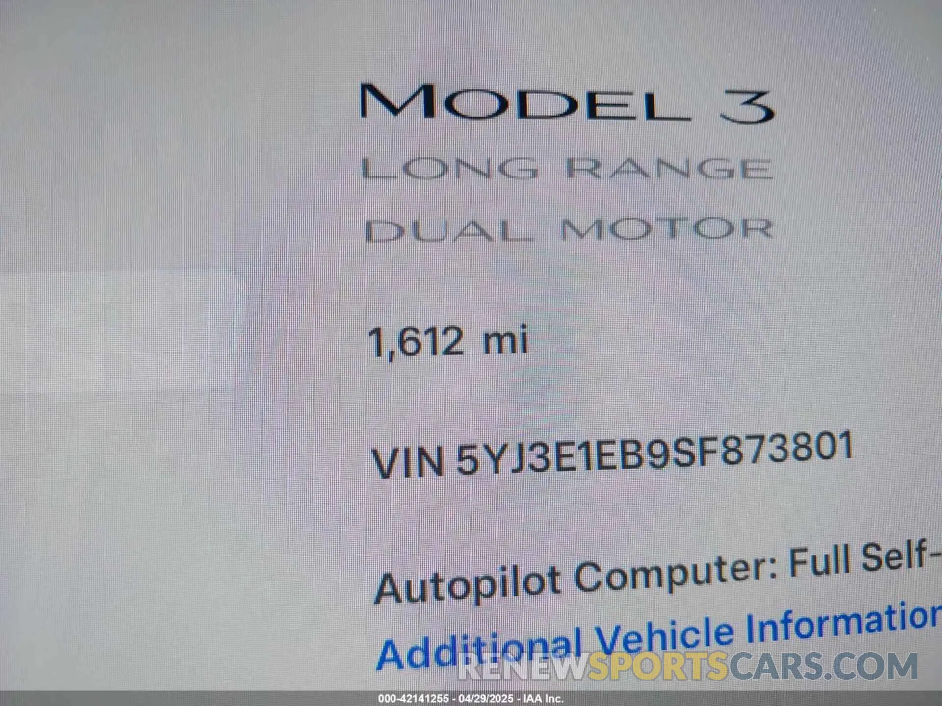 15 Фотография поврежденного автомобиля 5YJ3E1EB9SF873801 TESLA MODEL 3 2025