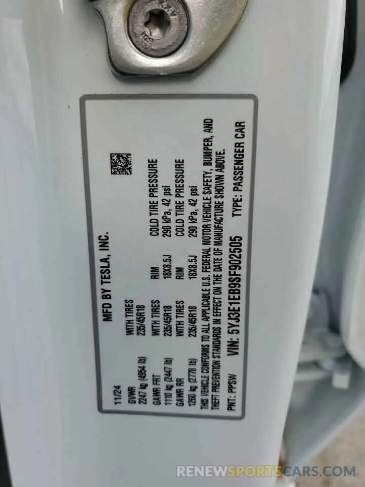 12 Фотография поврежденного автомобиля 5YJ3E1EB9SF902505 TESLA MODEL 3 2025