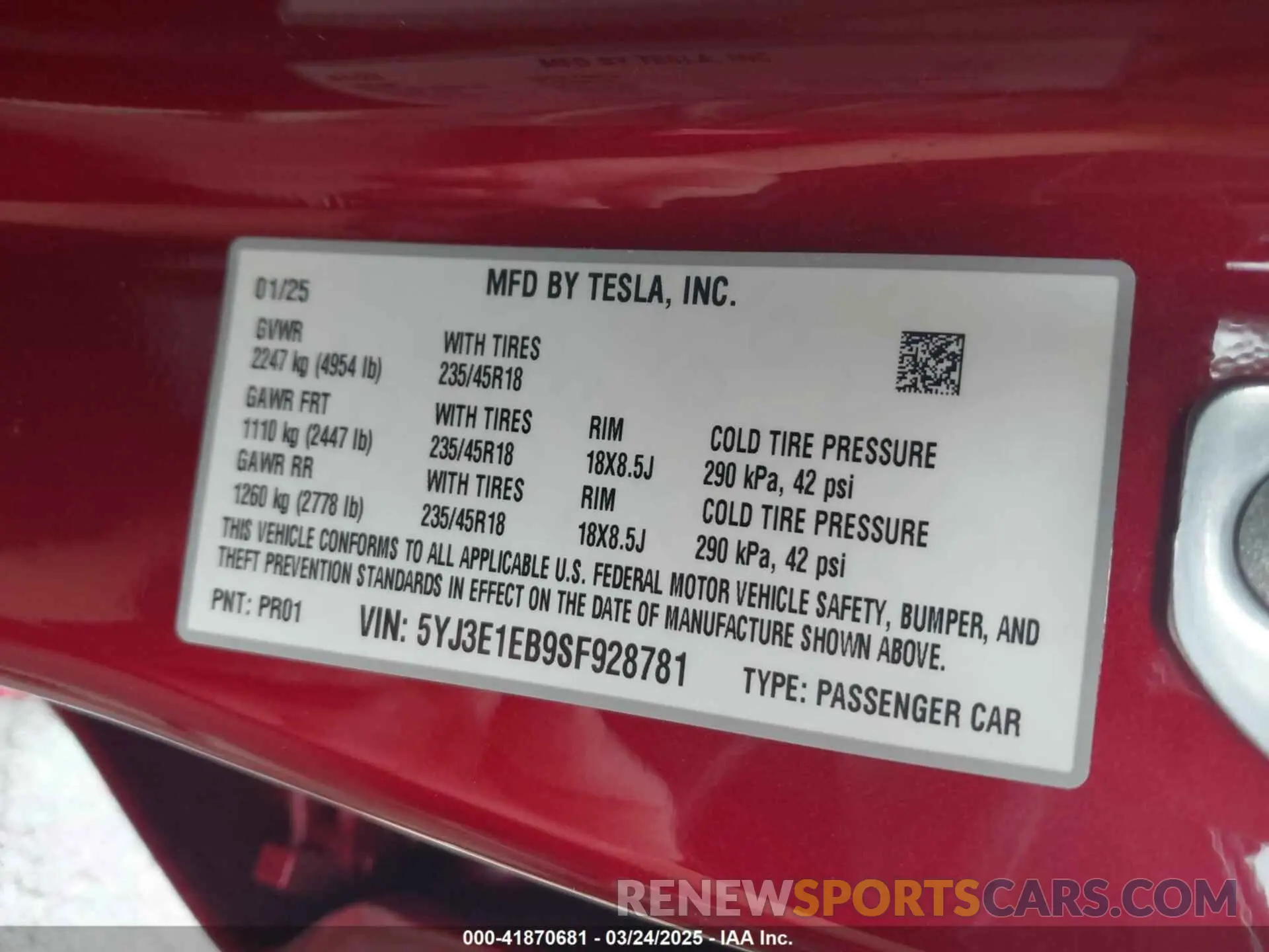 9 Photograph of a damaged car 5YJ3E1EB9SF928781 TESLA MODEL 3 2025