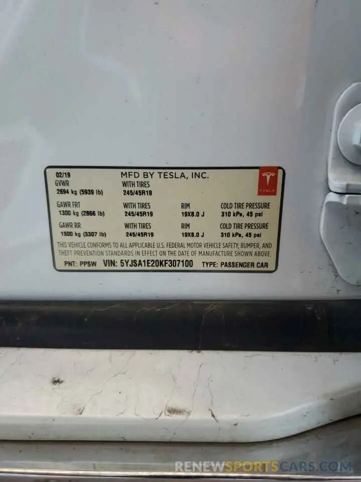 13 Фотография поврежденного автомобиля 5YJSA1E20KF307100 TESLA MODEL S 2019