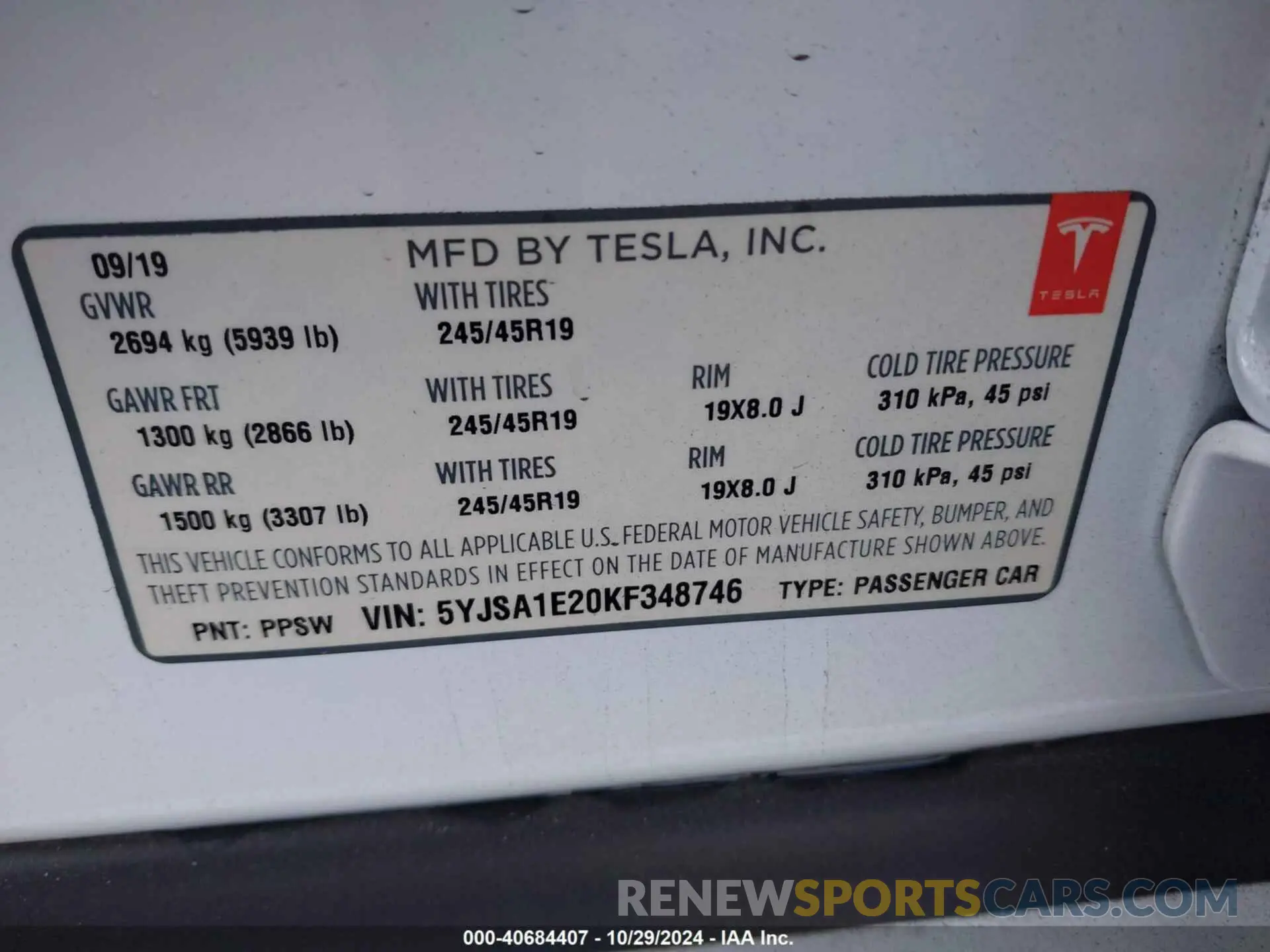 9 Photograph of a damaged car 5YJSA1E20KF348746 TESLA MODEL S 2019