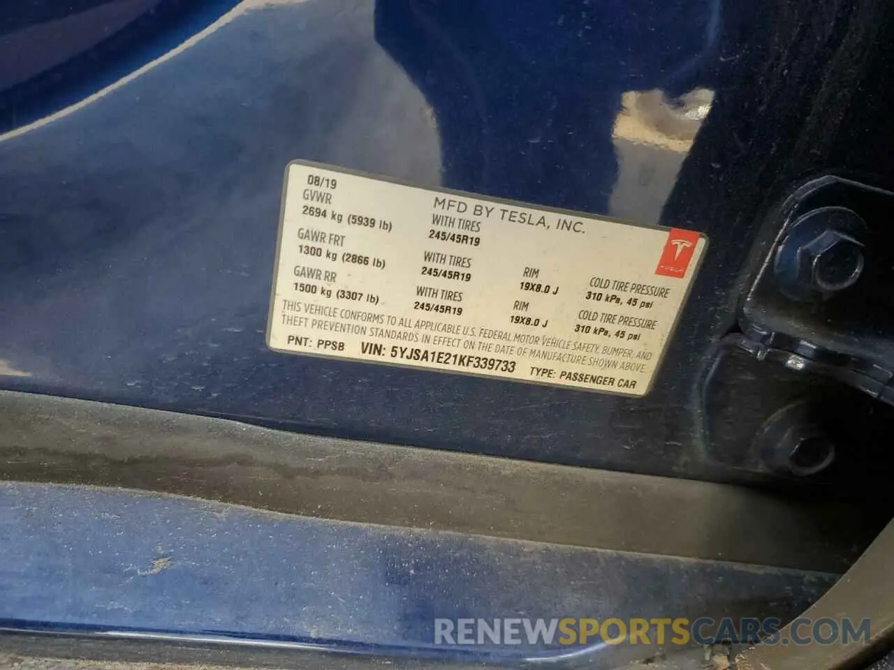 13 Photograph of a damaged car 5YJSA1E21KF339733 TESLA MODEL S 2019