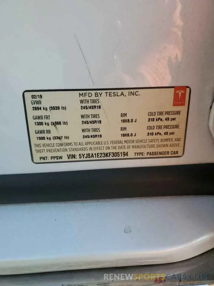 12 Фотография поврежденного автомобиля 5YJSA1E23KF305194 TESLA MODEL S 2019