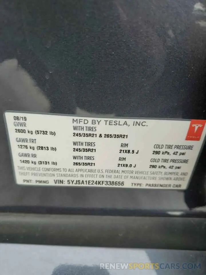 12 Фотография поврежденного автомобиля 5YJSA1E24KF338656 TESLA MODEL S 2019