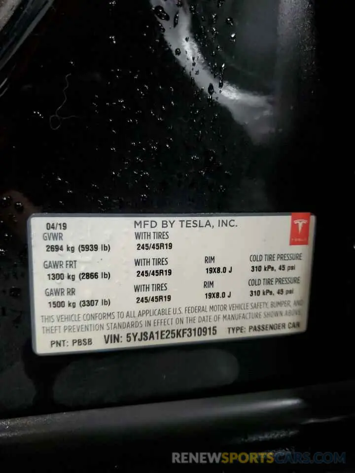 14 Photograph of a damaged car 5YJSA1E25KF310915 TESLA MODEL S 2019