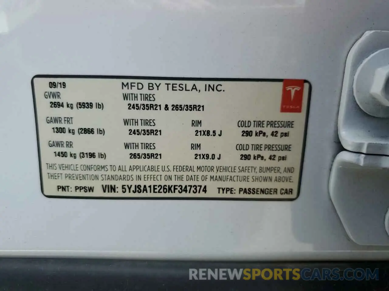 13 Photograph of a damaged car 5YJSA1E26KF347374 TESLA MODEL S 2019