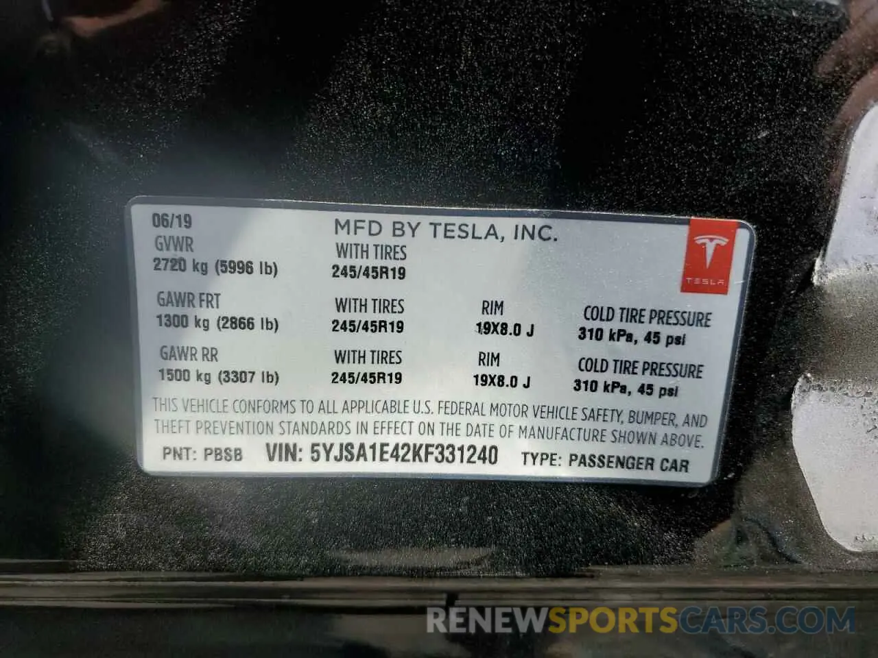 14 Photograph of a damaged car 5YJSA1E42KF331240 TESLA MODEL S 2019