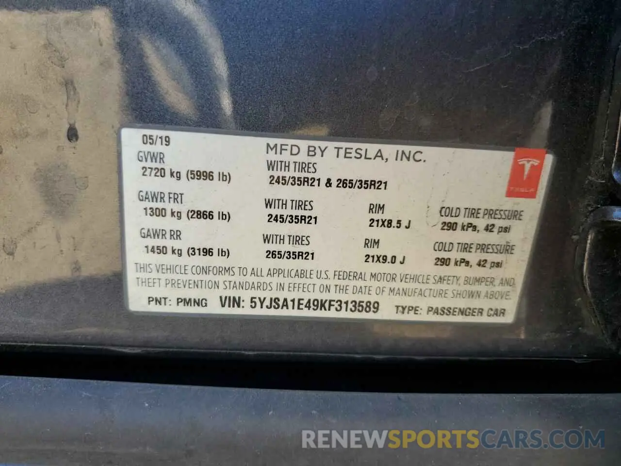 14 Фотография поврежденного автомобиля 5YJSA1E49KF313589 TESLA MODEL S 2019