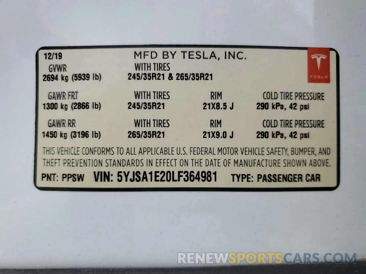12 Photograph of a damaged car 5YJSA1E20LF364981 TESLA MODEL S 2020