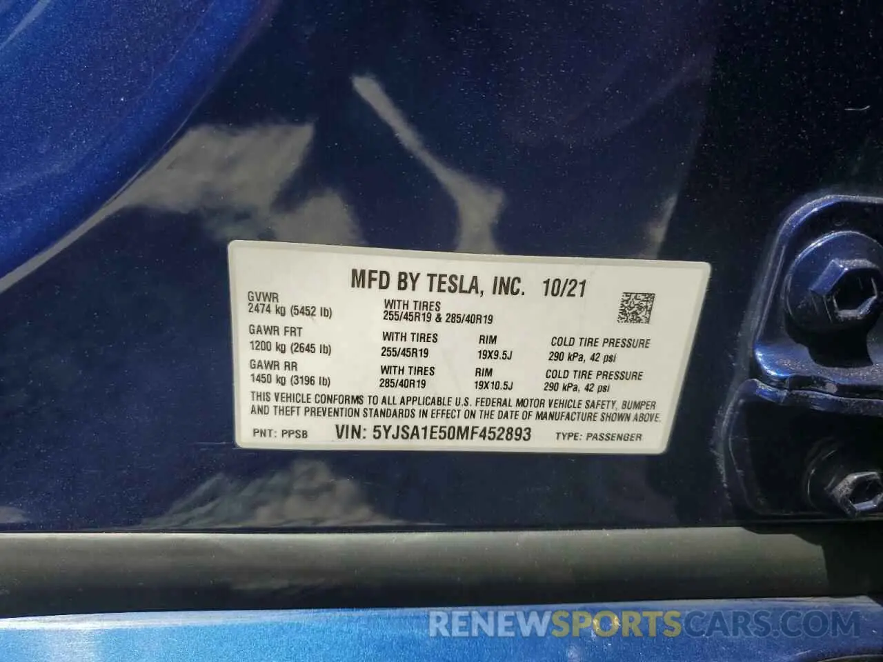 13 Photograph of a damaged car 5YJSA1E50MF452893 TESLA MODEL S 2021