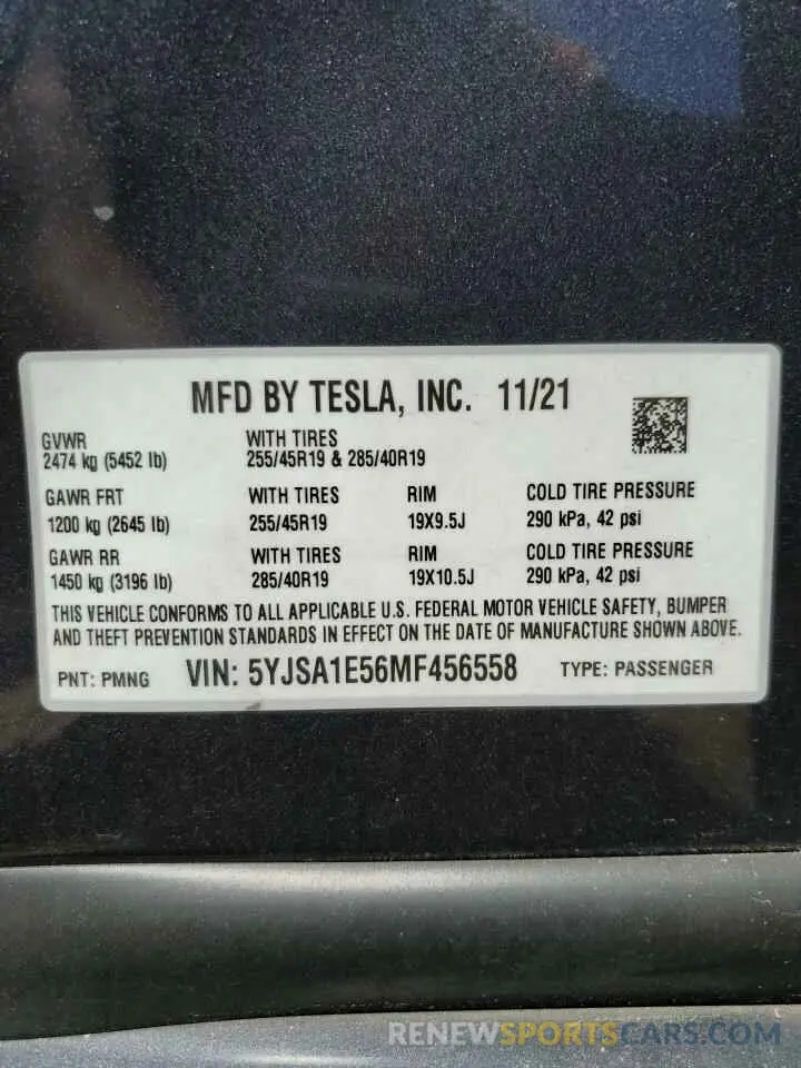 13 Photograph of a damaged car 5YJSA1E56MF456558 TESLA MODEL S 2021