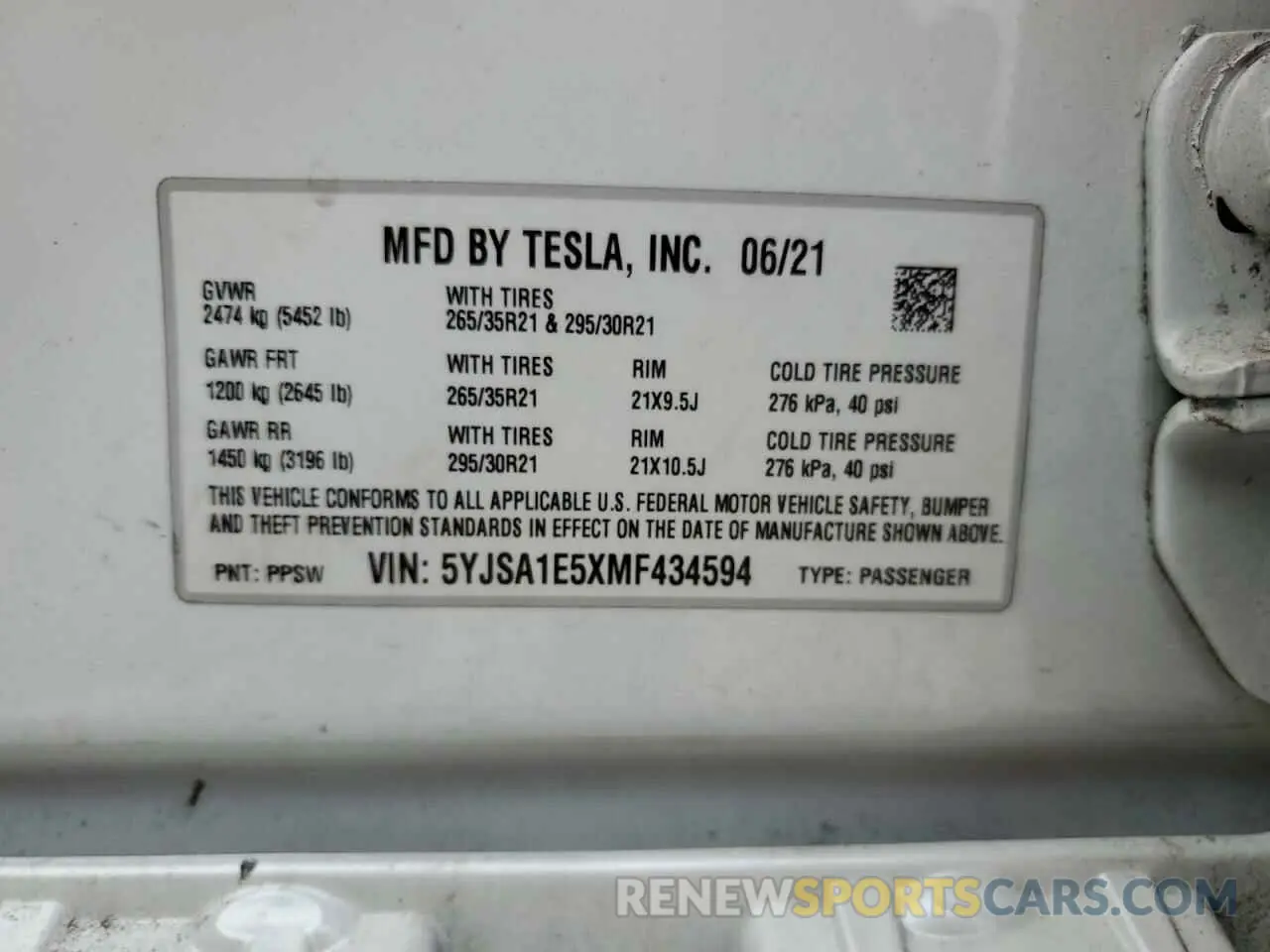 13 Photograph of a damaged car 5YJSA1E5XMF434594 TESLA MODEL S 2021
