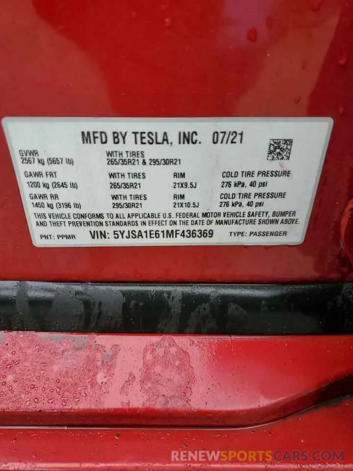 12 Photograph of a damaged car 5YJSA1E61MF436369 TESLA MODEL S 2021