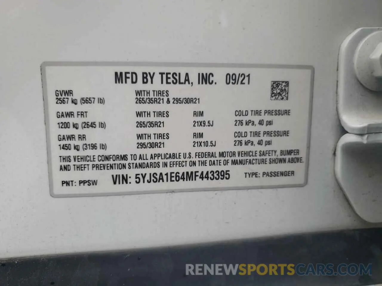 12 Фотография поврежденного автомобиля 5YJSA1E64MF443395 TESLA MODEL S 2021