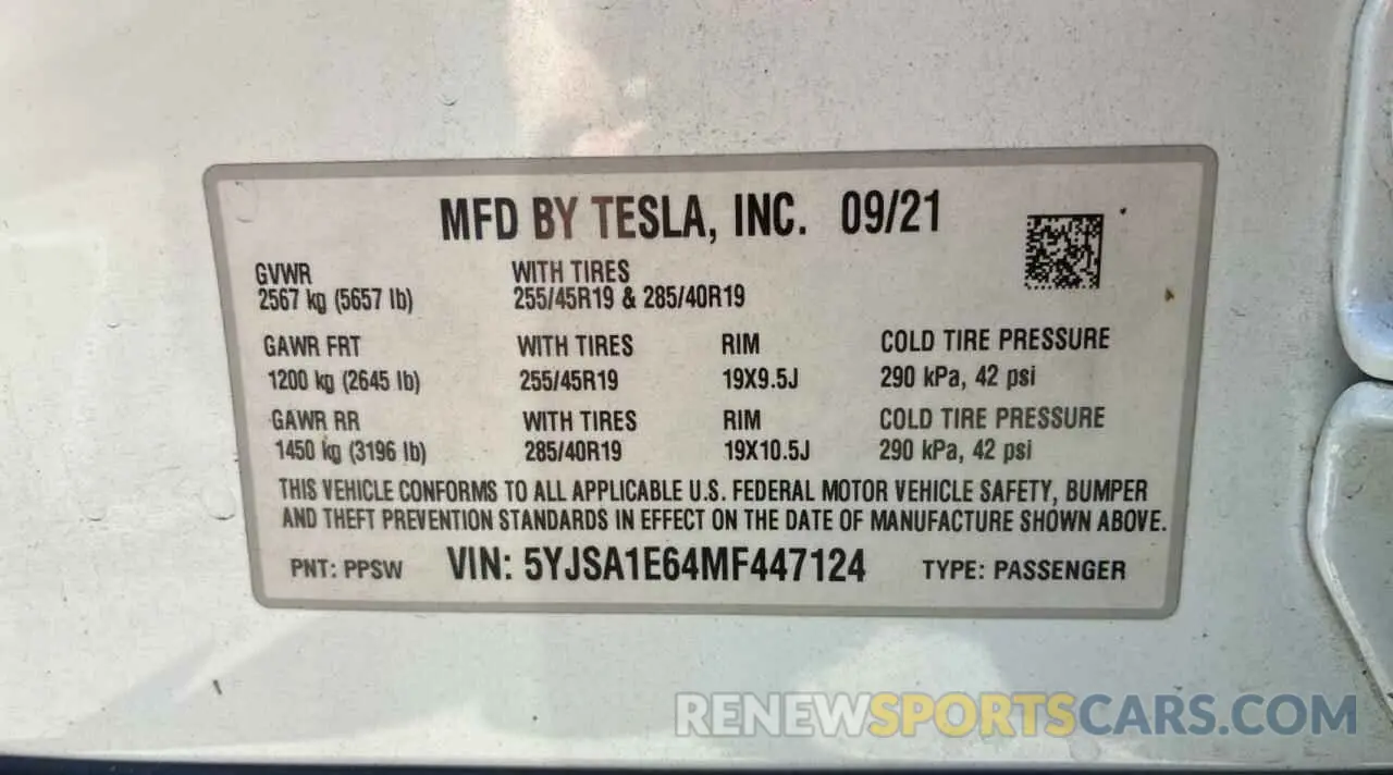 10 Фотография поврежденного автомобиля 5YJSA1E64MF447124 TESLA MODEL S 2021