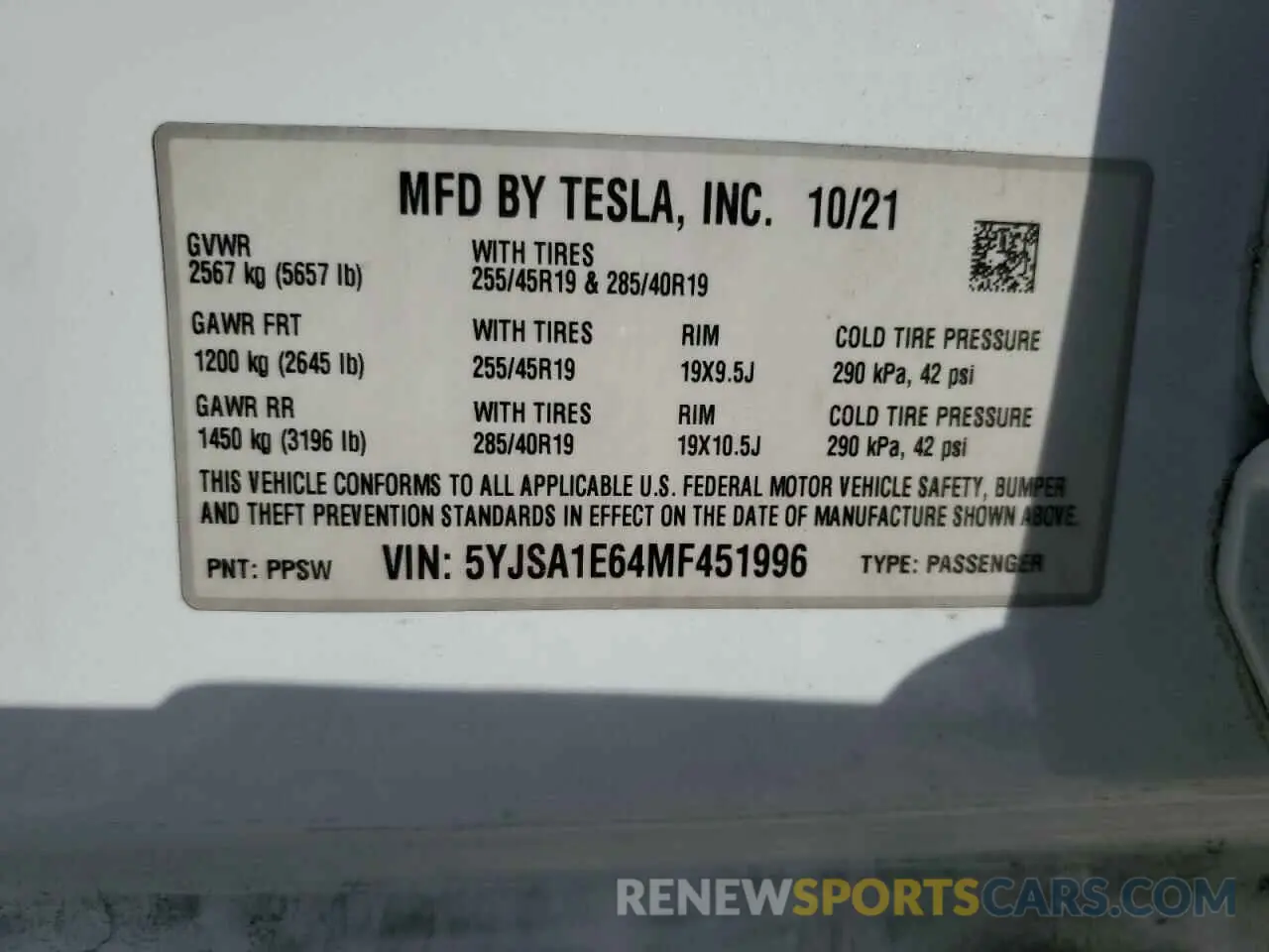 13 Photograph of a damaged car 5YJSA1E64MF451996 TESLA MODEL S 2021