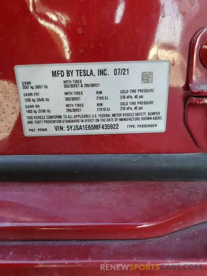 15 Photograph of a damaged car 5YJSA1E65MF435922 TESLA MODEL S 2021