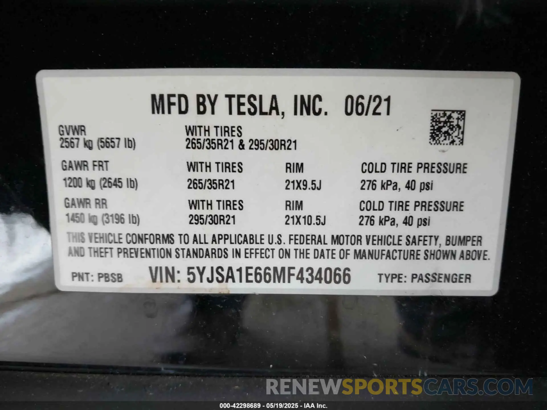 9 Фотография поврежденного автомобиля 5YJSA1E66MF434066 TESLA MODEL S 2021