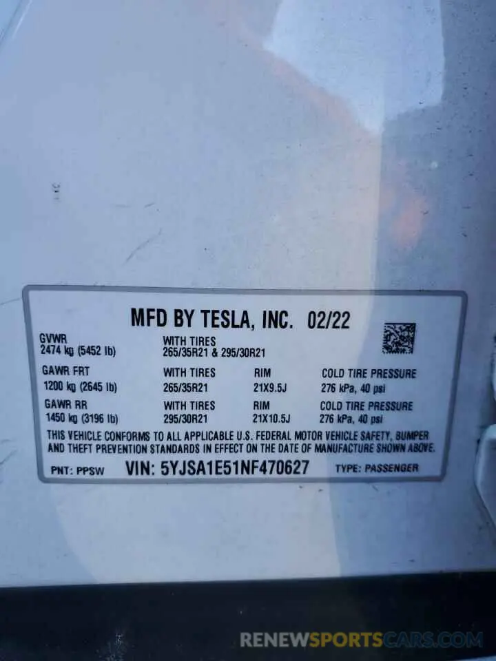 12 Фотография поврежденного автомобиля 5YJSA1E51NF470627 TESLA MODEL S 2022