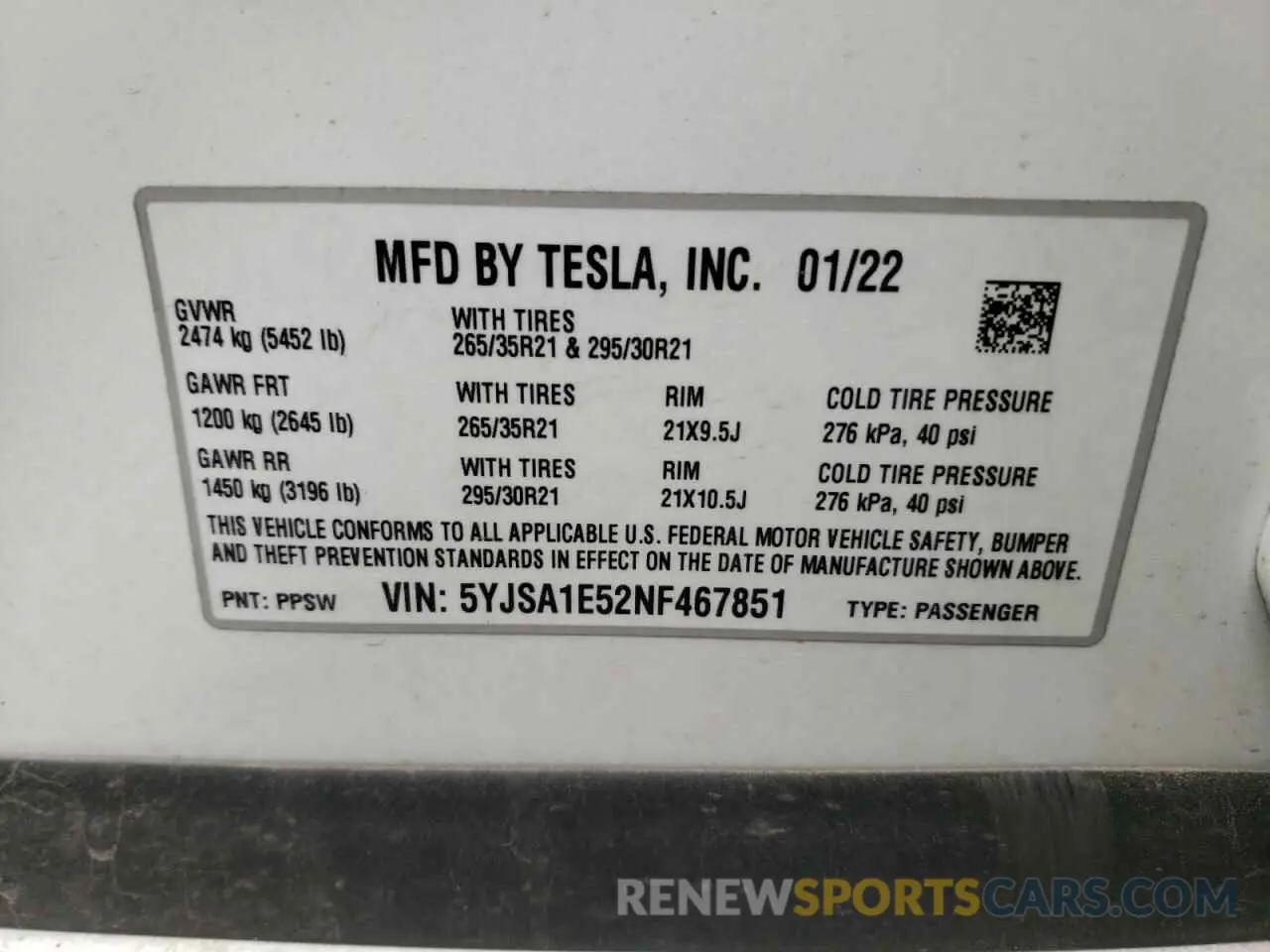 10 Фотография поврежденного автомобиля 5YJSA1E52NF467851 TESLA MODEL S 2022