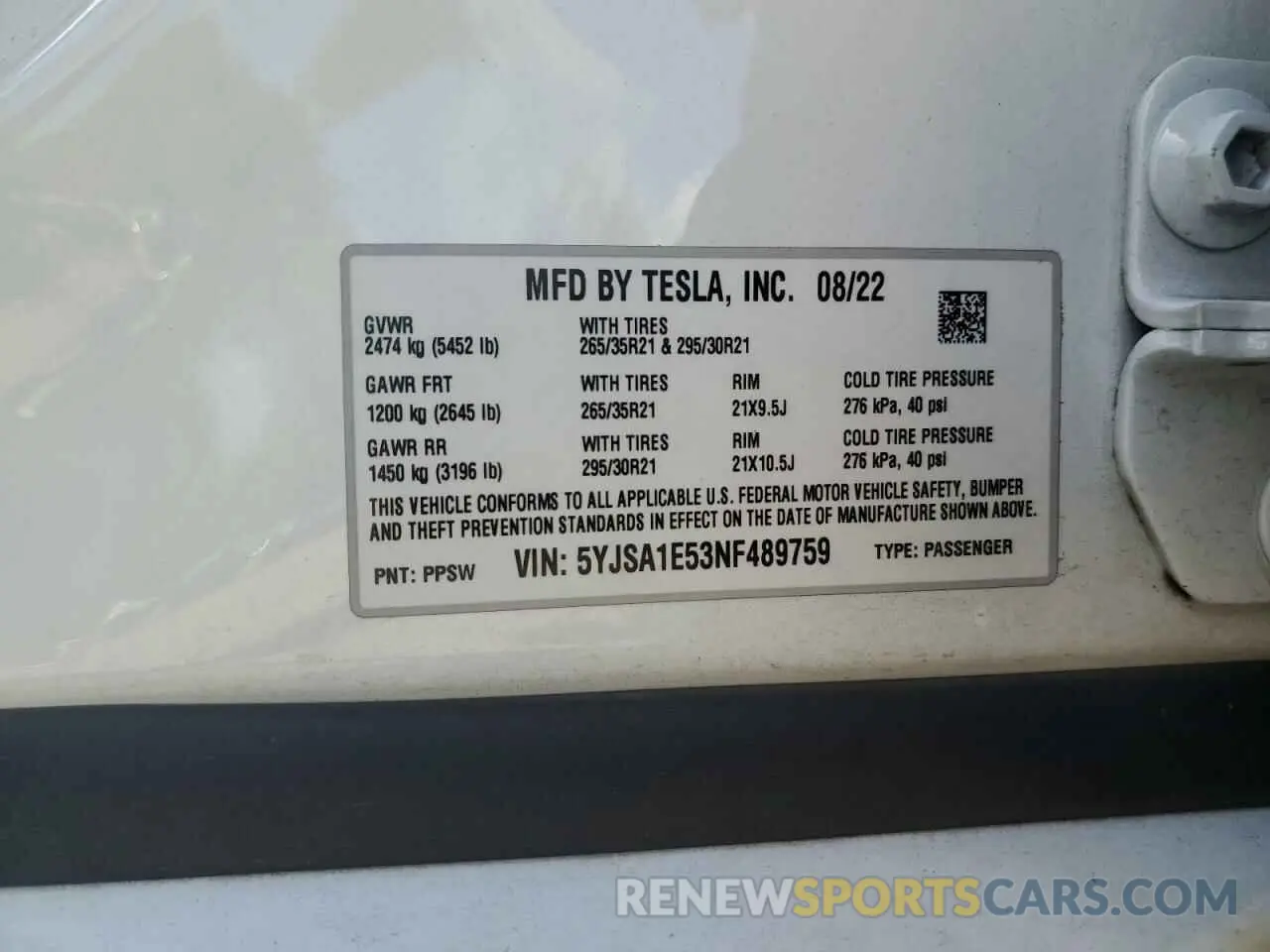 12 Photograph of a damaged car 5YJSA1E53NF489759 TESLA MODEL S 2022