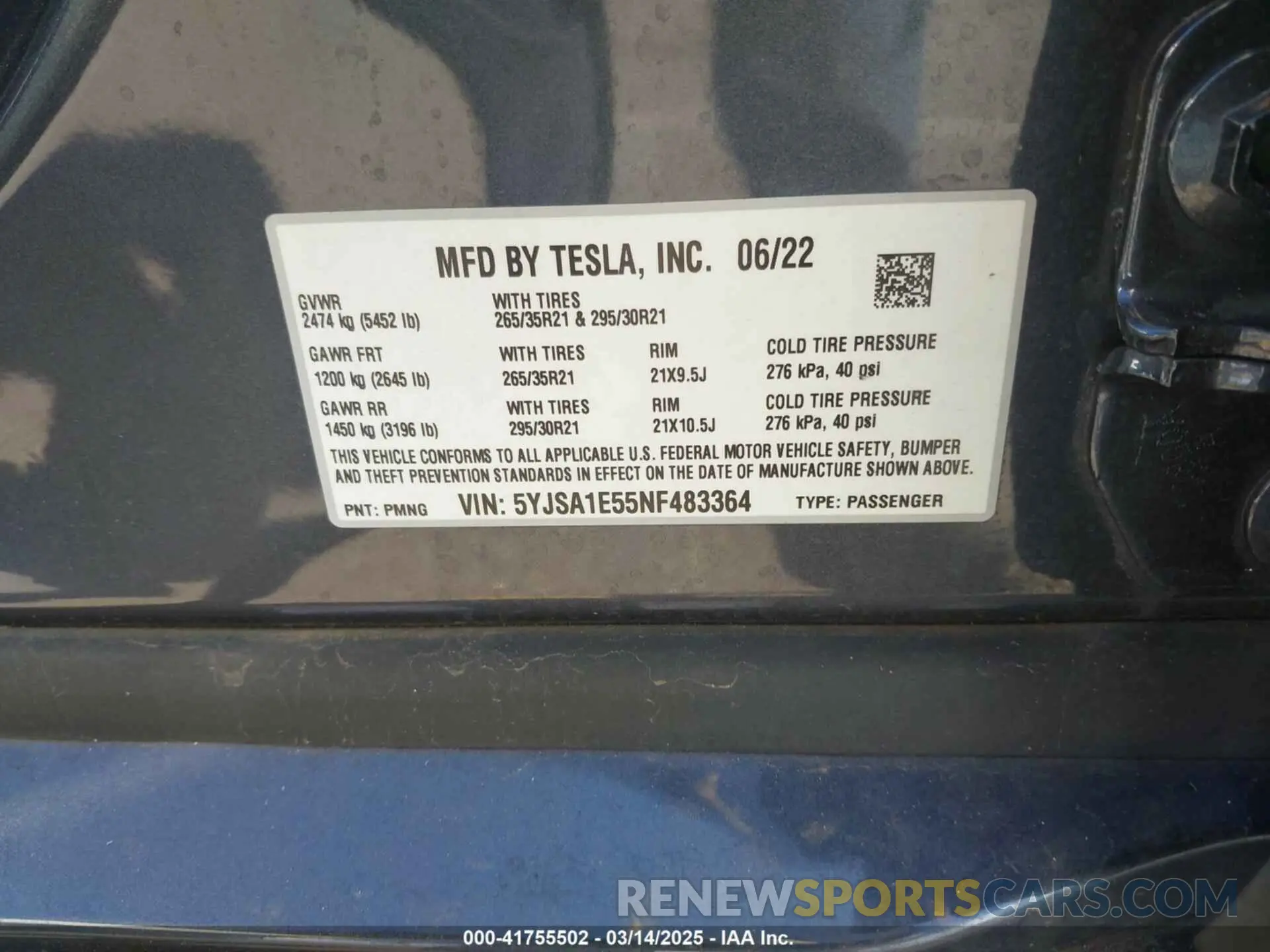 9 Фотография поврежденного автомобиля 5YJSA1E55NF483364 TESLA MODEL S 2022