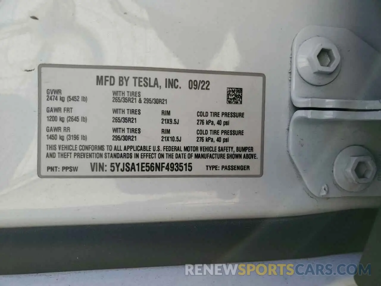 12 Фотография поврежденного автомобиля 5YJSA1E56NF493515 TESLA MODEL S 2022