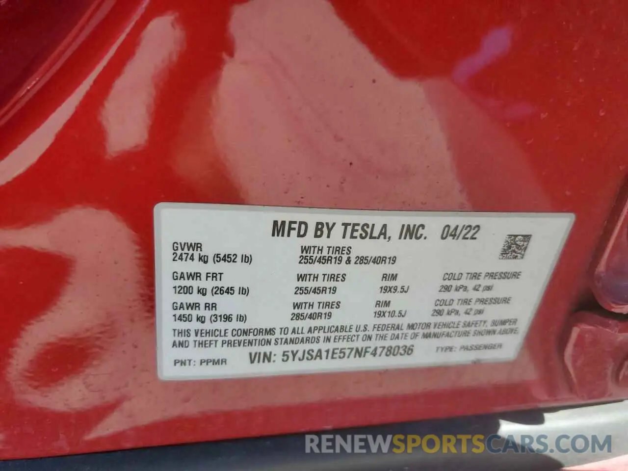 15 Photograph of a damaged car 5YJSA1E57NF478036 TESLA MODEL S 2022