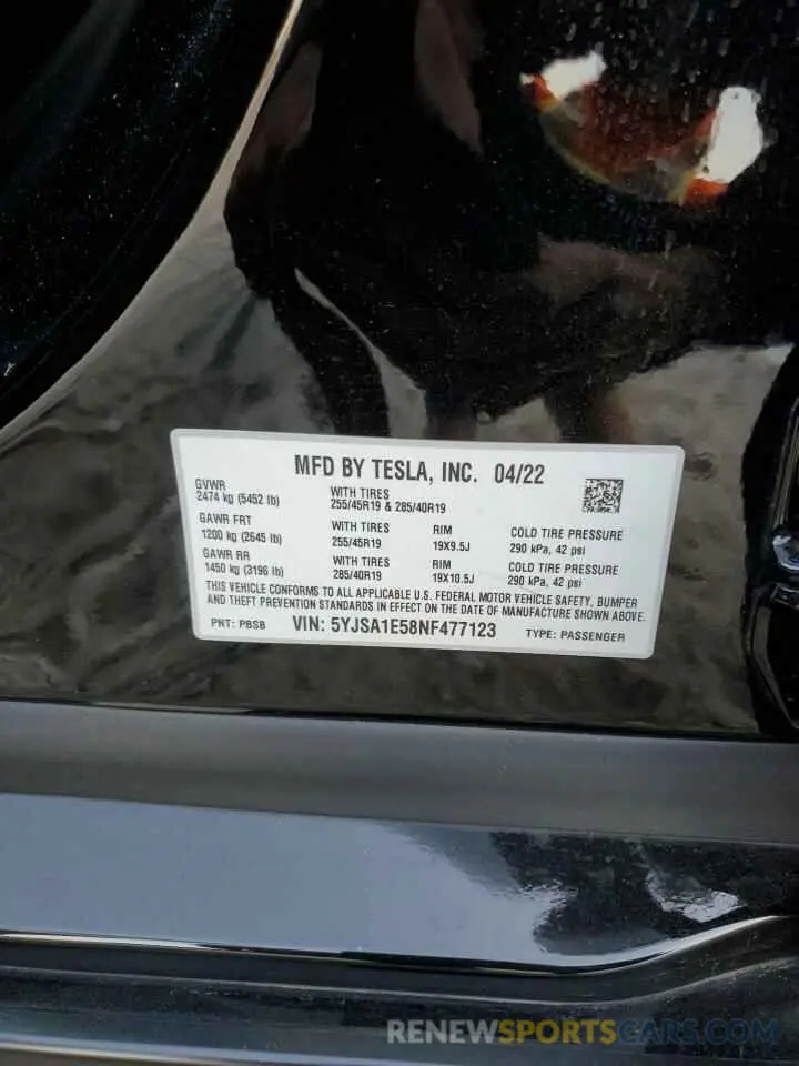 12 Photograph of a damaged car 5YJSA1E58NF477123 TESLA MODEL S 2022