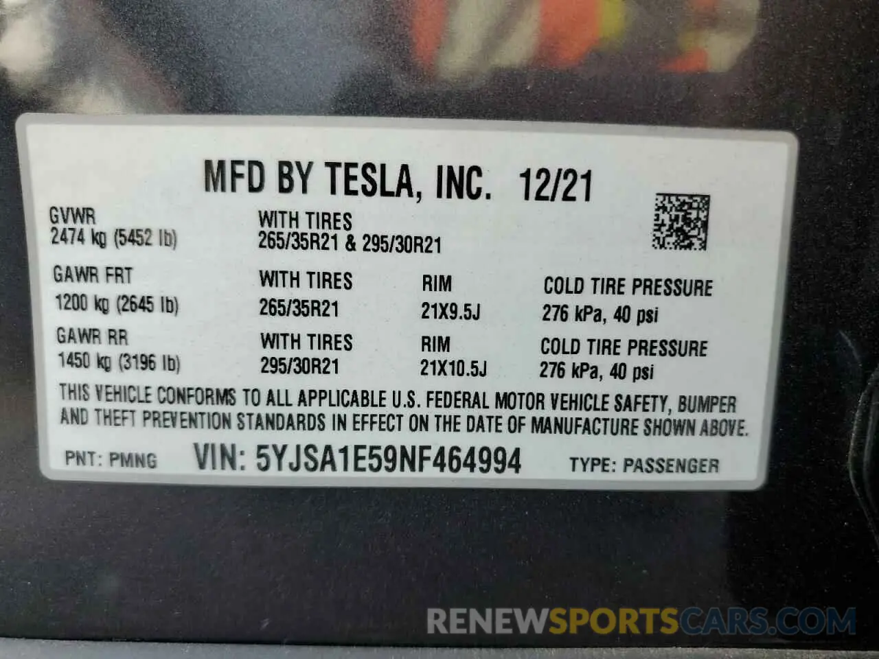 10 Photograph of a damaged car 5YJSA1E59NF464994 TESLA MODEL S 2022