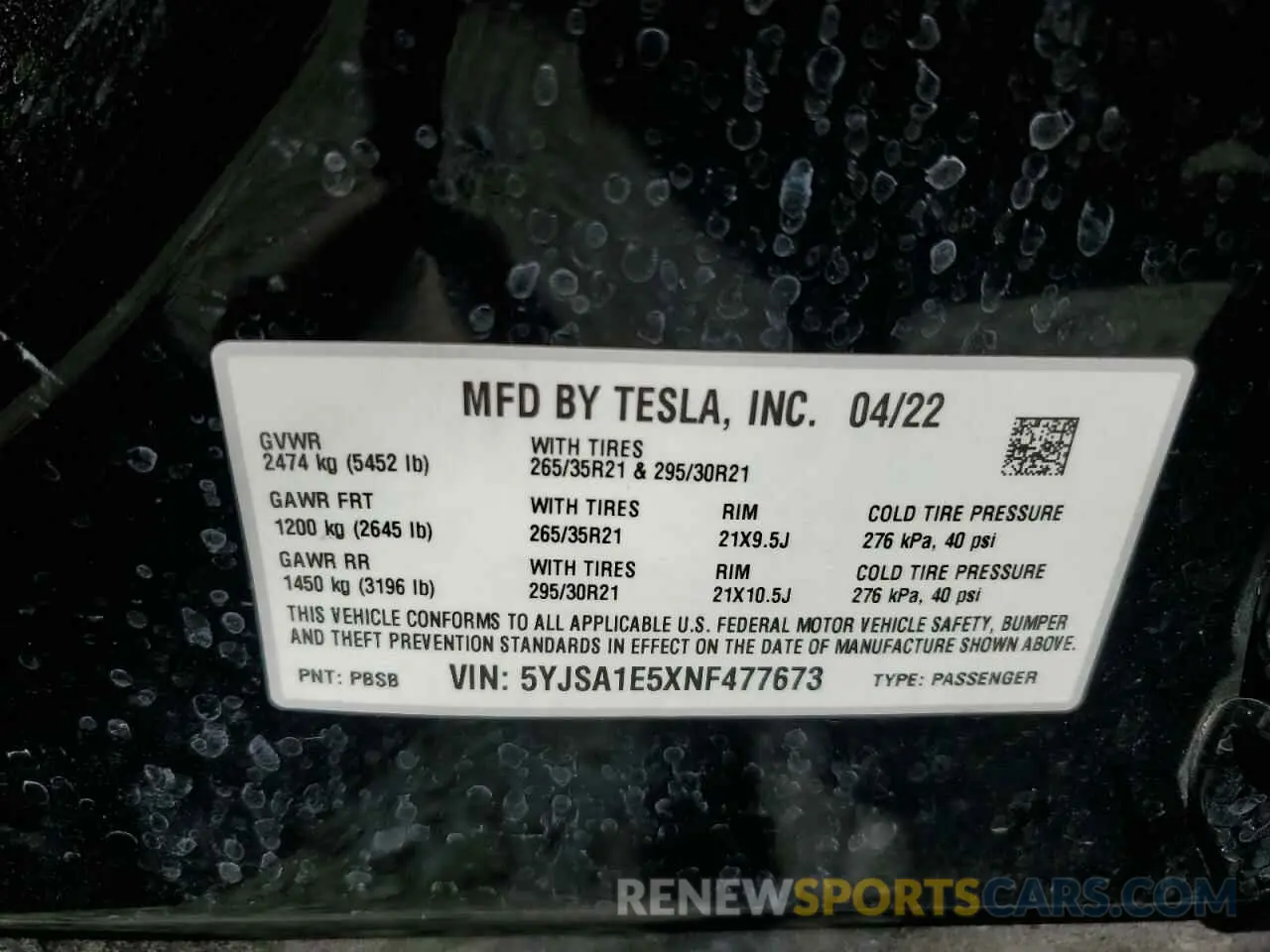 12 Photograph of a damaged car 5YJSA1E5XNF477673 TESLA MODEL S 2022
