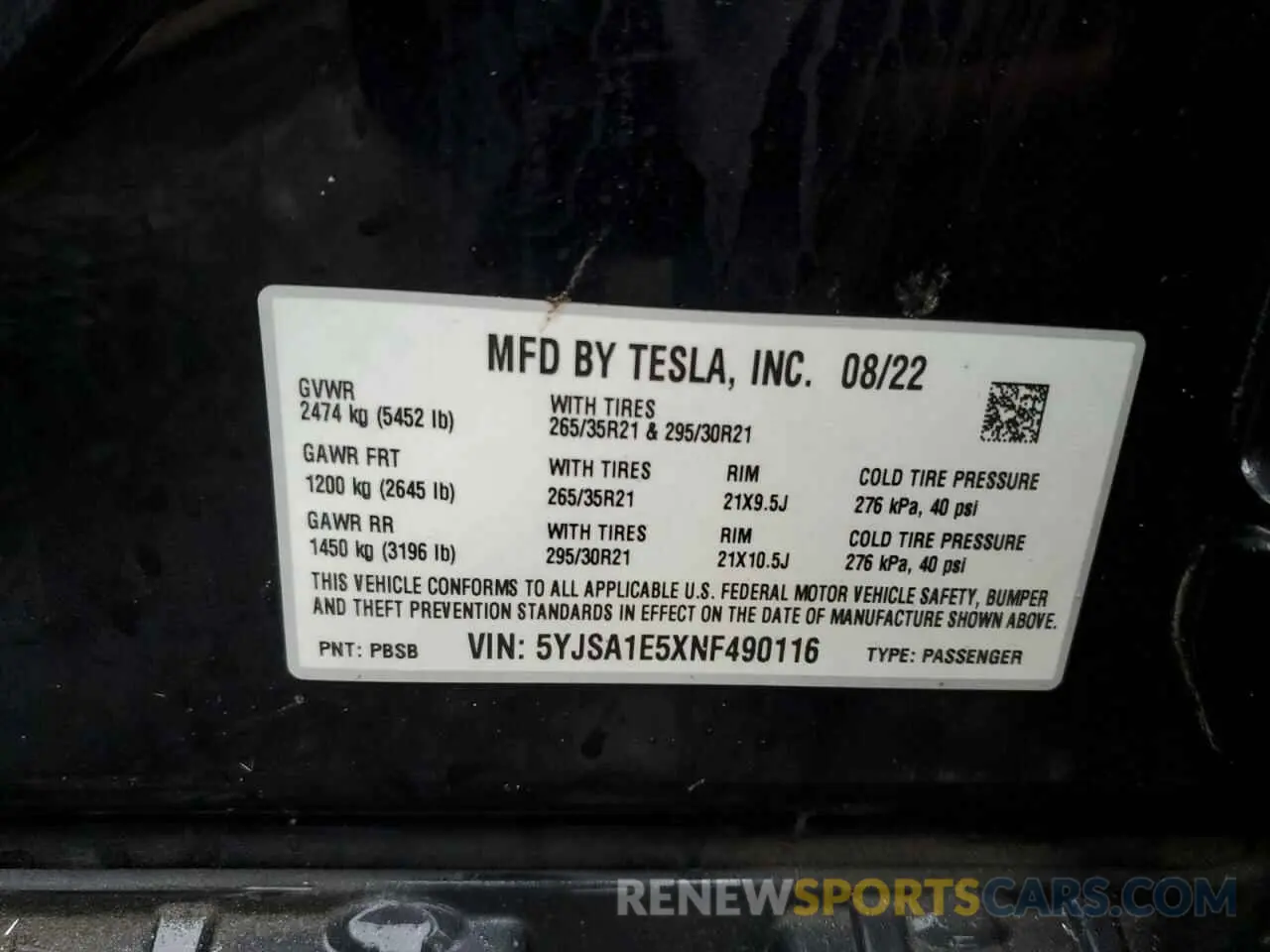 12 Фотография поврежденного автомобиля 5YJSA1E5XNF490116 TESLA MODEL S 2022
