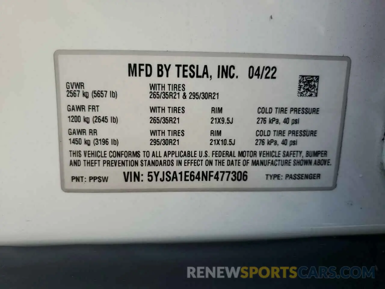 13 Photograph of a damaged car 5YJSA1E64NF477306 TESLA MODEL S 2022