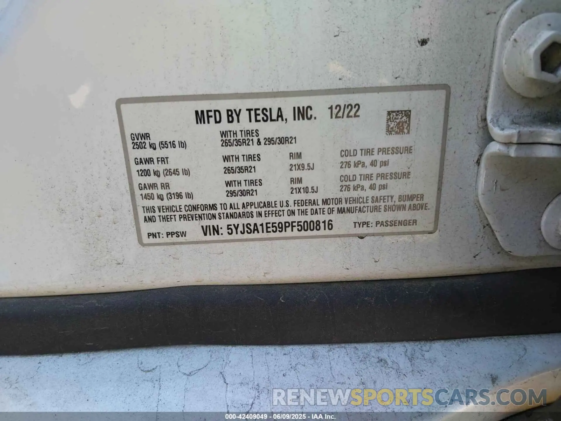 9 Фотография поврежденного автомобиля 5YJSA1E59PF500816 TESLA MODEL S 2023