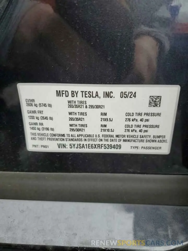 13 Фотография поврежденного автомобиля 5YJSA1E6XRF539409 TESLA MODEL S 2024