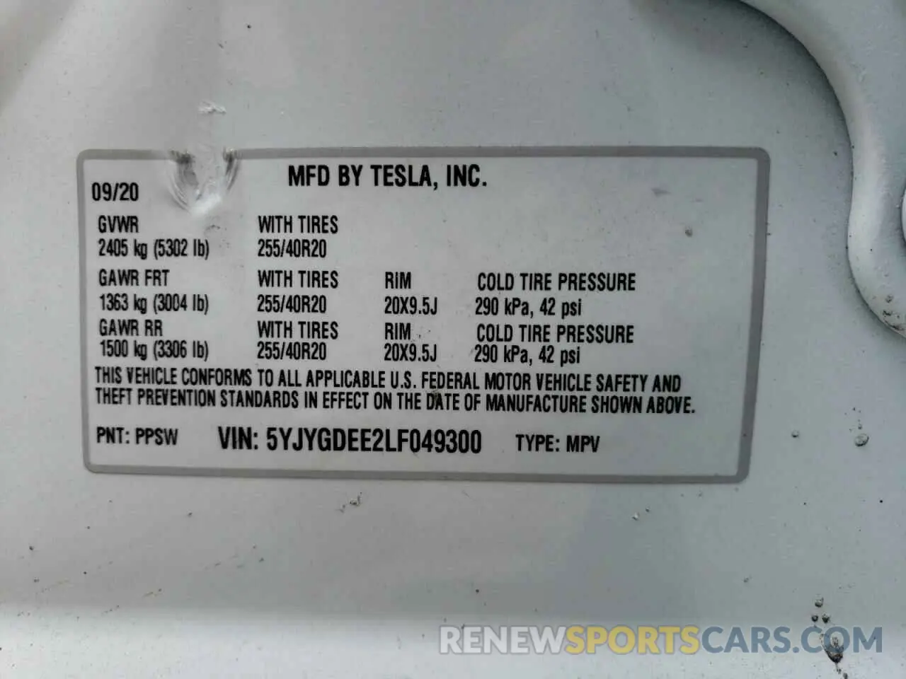 10 Фотография поврежденного автомобиля 5YJYGDEE2LF049300 TESLA MODEL Y 2020