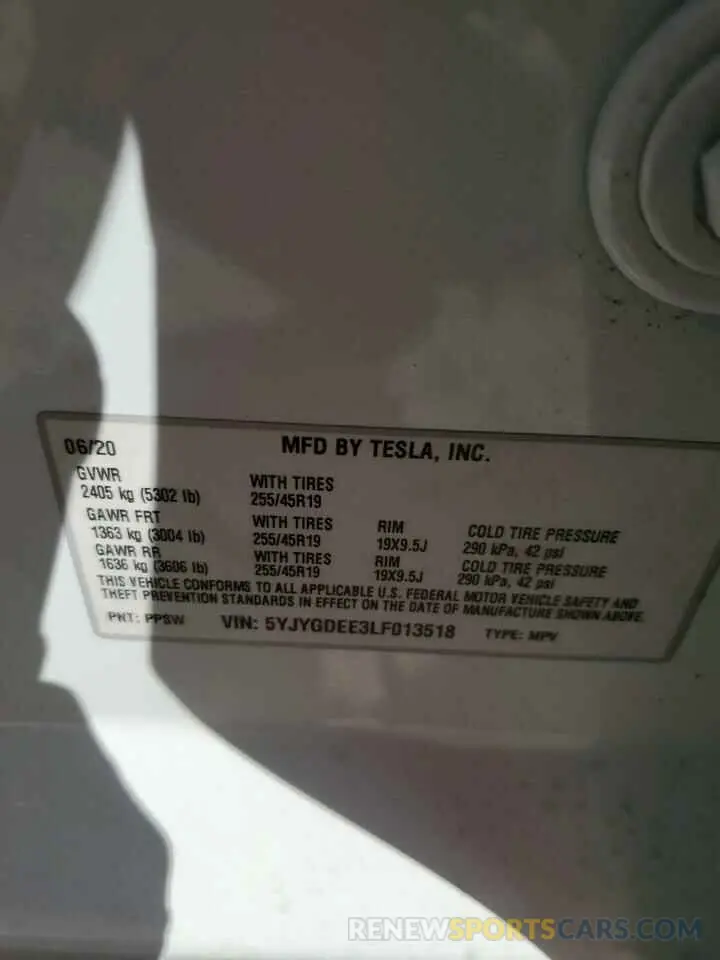 10 Фотография поврежденного автомобиля 5YJYGDEE3LF013518 TESLA MODEL Y 2020
