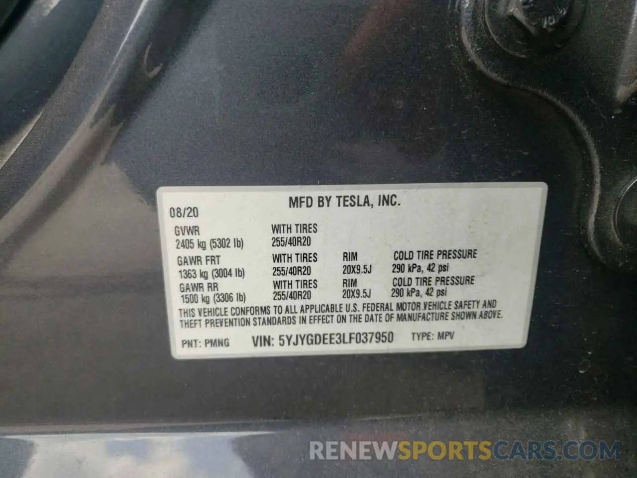 10 Photograph of a damaged car 5YJYGDEE3LF037950 TESLA MODEL Y 2020
