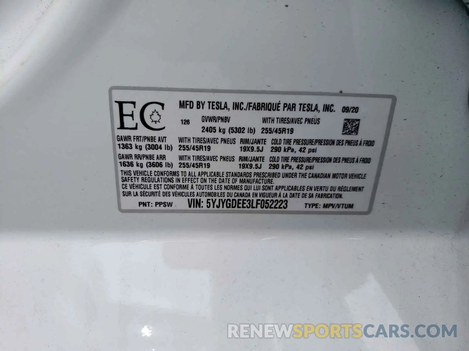 10 Photograph of a damaged car 5YJYGDEE3LF052223 TESLA MODEL Y 2020