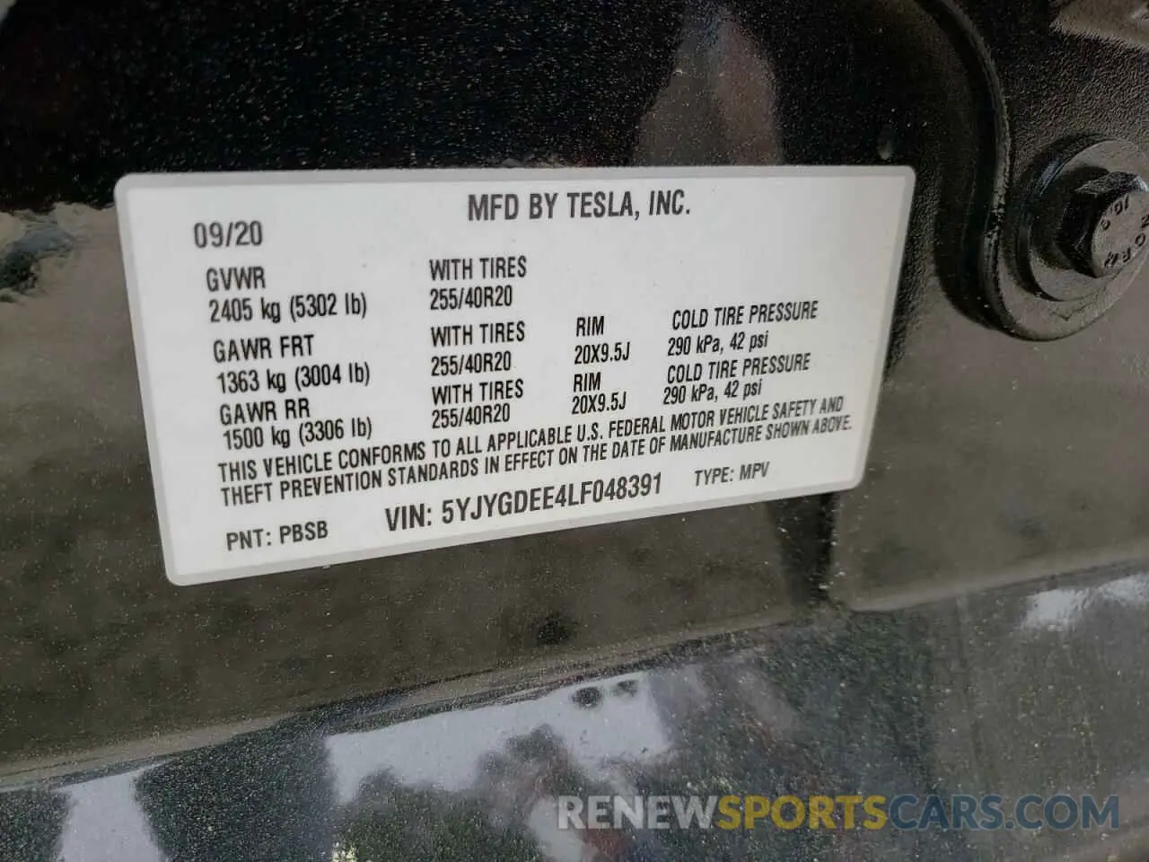 10 Photograph of a damaged car 5YJYGDEE4LF048391 TESLA MODEL Y 2020