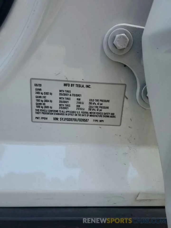 12 Photograph of a damaged car 5YJYGDEF8LF039587 TESLA MODEL Y 2020