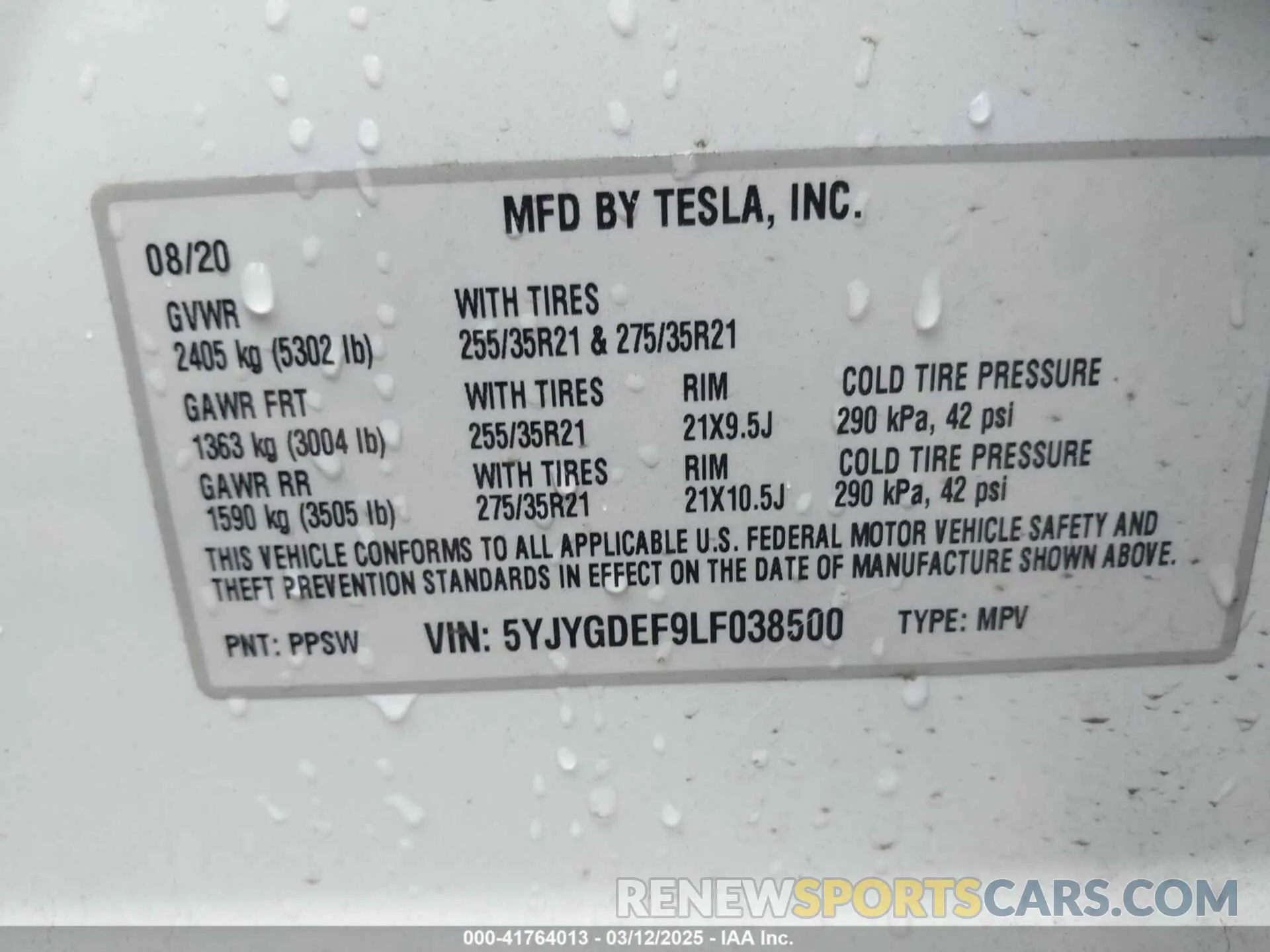 9 Фотография поврежденного автомобиля 5YJYGDEF9LF038500 TESLA MODEL Y 2020