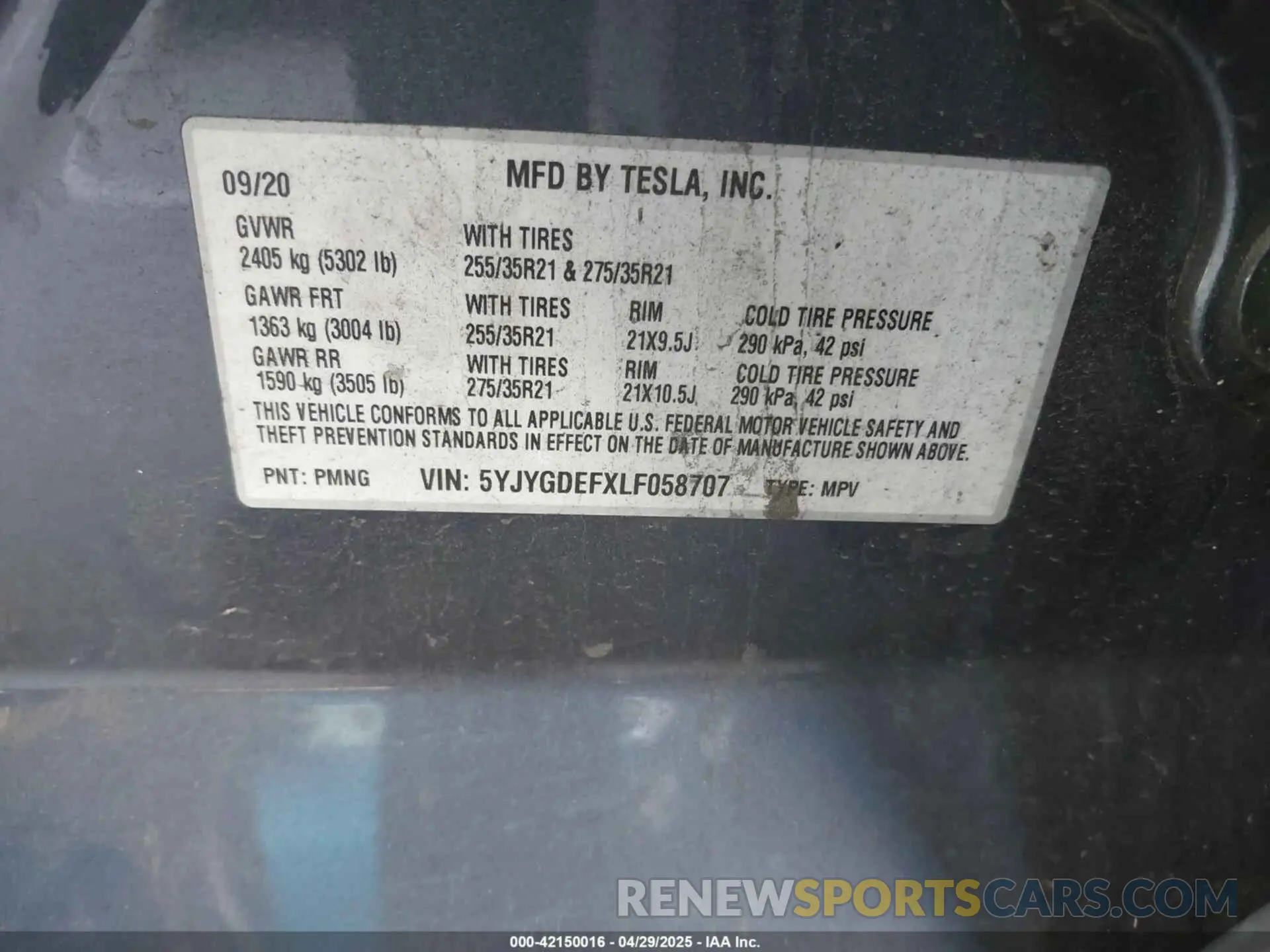 9 Фотография поврежденного автомобиля 5YJYGDEFXLF058707 TESLA MODEL Y 2020