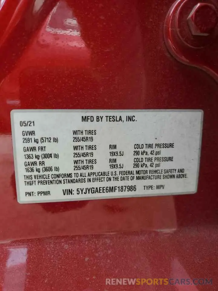 13 Фотография поврежденного автомобиля 5YJYGAEE6MF187986 TESLA MODEL Y 2021
