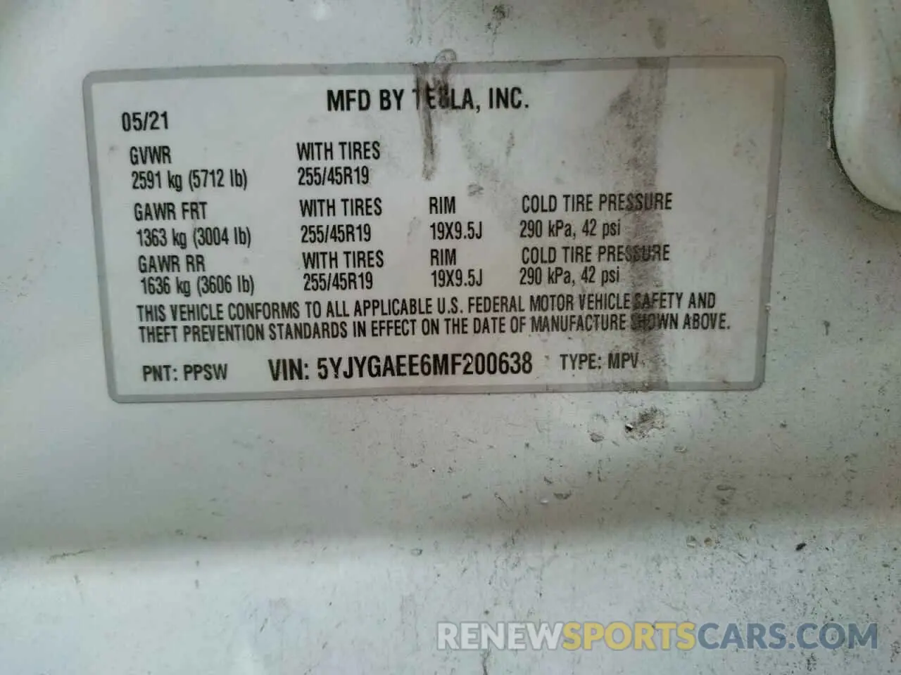 10 Photograph of a damaged car 5YJYGAEE6MF200638 TESLA MODEL Y 2021